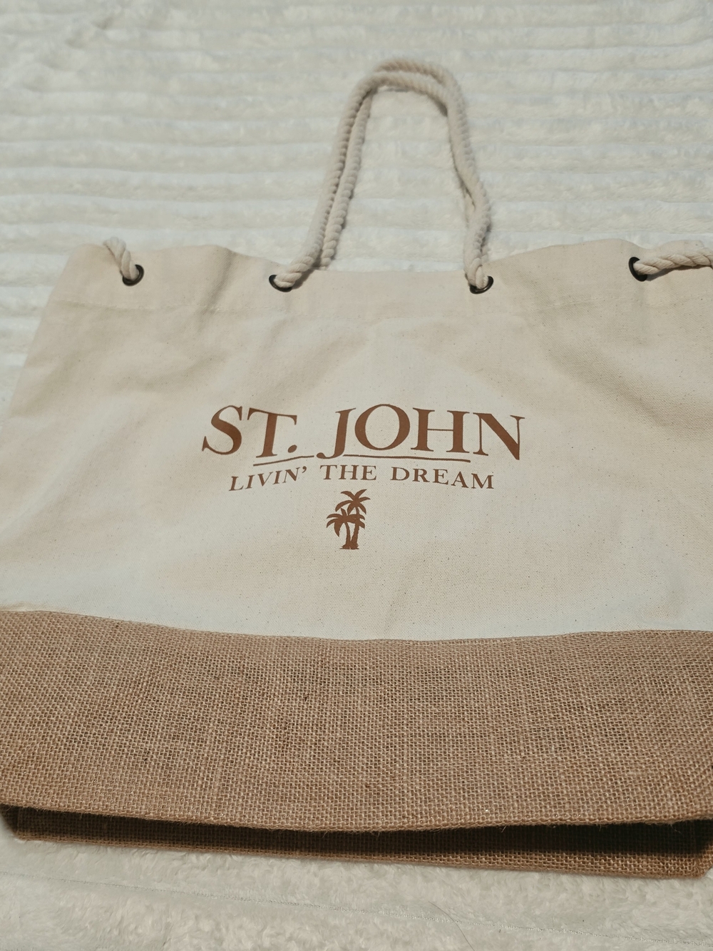 St. John Cream Canvas Brown Jute Rope Travel Tote Bag Beach Summer Vacation Boho